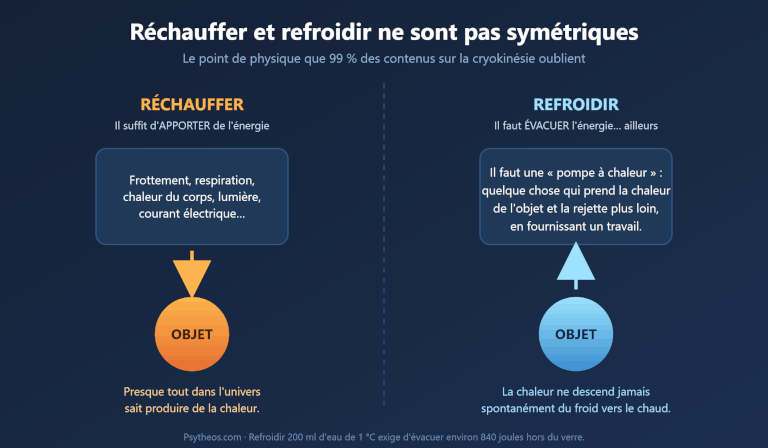 Schéma comparant le réchauffement, qui consiste à apporter de l'énergie, et le refroidissement, qui exige d'extraire la chaleur et de l'évacuer ailleurs