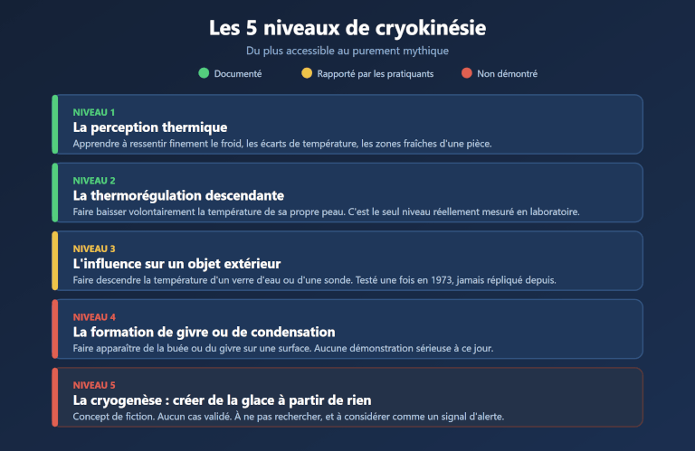 Les cinq niveaux de cryokinésie, de la perception thermique documentée jusqu'à la cryogenèse purement mythique