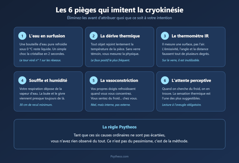 Infographie des six pièges physiques qui imitent la cryokinésie : surfusion, dérive thermique, thermomètre infrarouge, souffle, vasoconstriction et attente perceptive