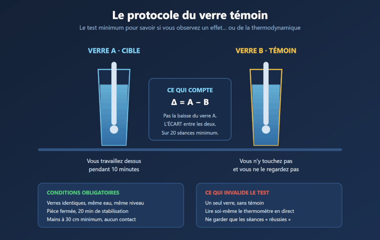 Schéma du protocole du verre témoin en cryokinésie avec un verre cible, un verre témoin et le calcul de l'écart de température entre les deux