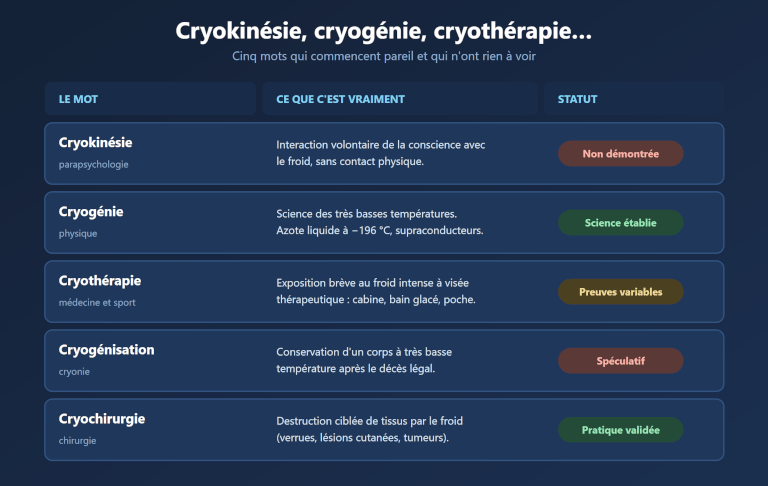Tableau comparatif entre cryokinésie, cryogénie, cryothérapie, cryogénisation et cryochirurgie avec leur statut scientifique respectif