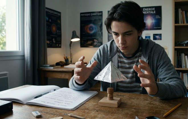 2 h 30 devant une pyramide en aluminium Un adolescent, mains ouvertes de part et d'autre d'une pyramide en aluminium posée sur pivot faisant de la télékinésie avec, à côté d'un carnet de notes manuscrit.