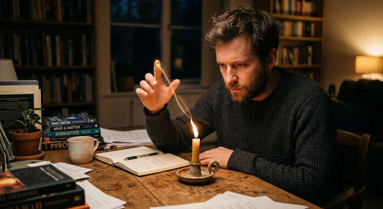 Un homme assis devant son bureau avec une bougie posée sur le bureau, l'homme faisant vaciller la flamme de la bougie avec l'aide de la pyrokinésie, avec la présence d'un léger faisceau reliant l'homme et la bougie indiquant une connexion entre le pratiquant et la bougie.