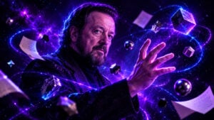 Portrait d’Ingo Swann entouré d’objets en lévitation dans une ambiance violette et bleue évoquant la télékinésie.