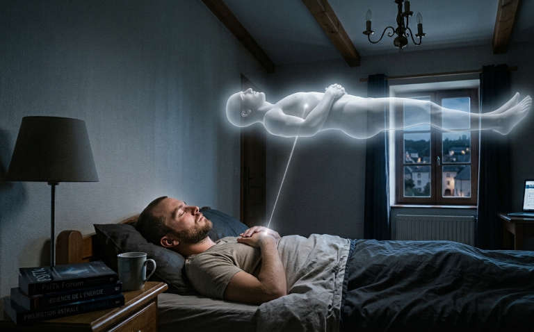 La projection astrale réussie, puis abandonnée Illustration de la projection astrale : un homme allongé sur un lit, une silhouette lumineuse flottant au-dessus de lui, reliée par un fil de lumière.