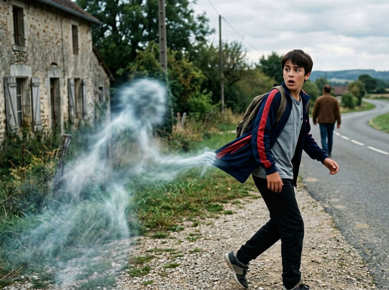 La veste : l'expérience que je n'explique toujours pas. Illustration : un adolescent se retourne, surpris, sur un chemin de campagne, sa veste tirée en arrière par une forme de vapeur blanche.