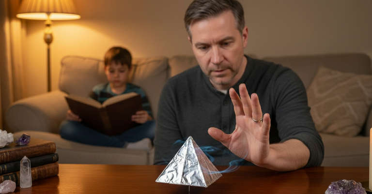Un télékinésiste qui s'entraîne sur sa pyramide en papier avec son fils qui est derrière lui sur le canapé et qui lit calmement un livre.