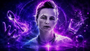 Portrait réel stylisé de Nina Kulagina la télékinésiste médium, entourée d’effets psychiques violets, avec une cuillère et un verre en lévitation, illustrant la psychokinèse.
