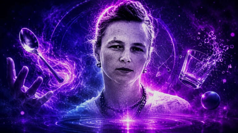 Portrait réel stylisé de Nina Kulagina la télékinésiste médium, entourée d’effets psychiques violets, avec une cuillère et un verre en lévitation, illustrant la psychokinèse.