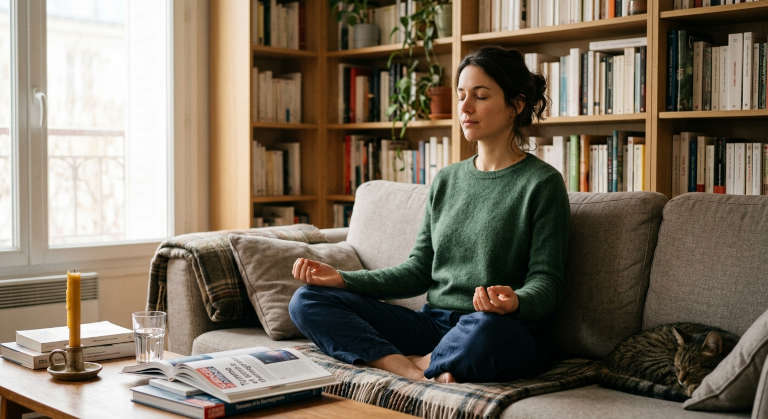 Une femme assise sur son canapé en position tailleur faisant de la méditation les paumes de mains ouvertes.
