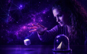 Une télékinésiste qui pratique sur un dé à jouer en le faisant léviter.