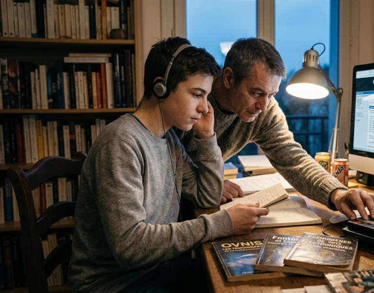 Tout commence avec mon père Un adolescent lit un ouvrage sur les phénomènes paranormaux à côté de son père, à un bureau couvert de revues sur les OVNIS et les voix électroniques.