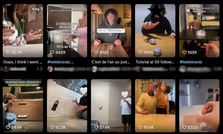 Capture d'écran du contenu venant de Tiktok montrant de potentiels télékinésistes imposteurs.