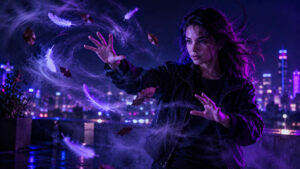 Personne manipulant des courants d’air en aérokinésie dans une ambiance violette et bleue.