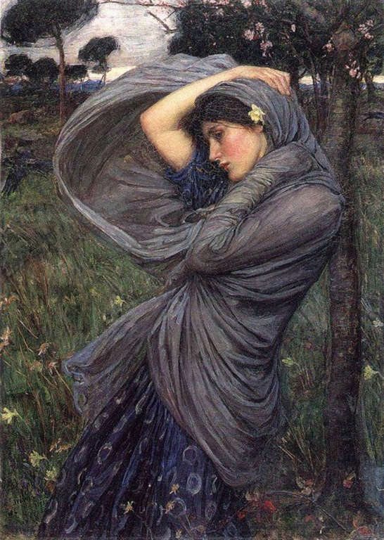 Tableau Boreas de John William Waterhouse, 1903, une jeune femme dont la robe et l’écharpe sont emportées par le vent