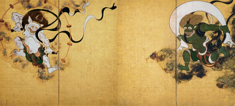 Fujin le dieu du vent et Raijin le dieu du tonnerre peints par Tawaraya Sotatsu