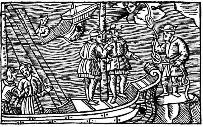 Gravure de 1555 montrant un magicien finnois vendant une corde à noeuds de vent à un capitaine de navire