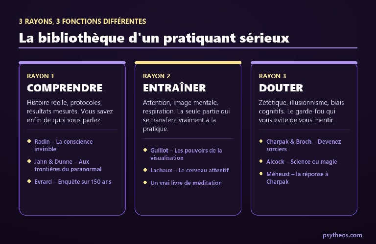 Les trois rayons d'une bibliothèque de pratiquant : comprendre, entraîner, douter, avec les ouvrages recommandés