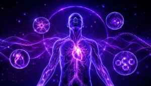 Illustration de la biokinésie représentant un corps humain lumineux entouré d'énergie violette symbolisant l'influence de l'intention sur les processus biologiques.