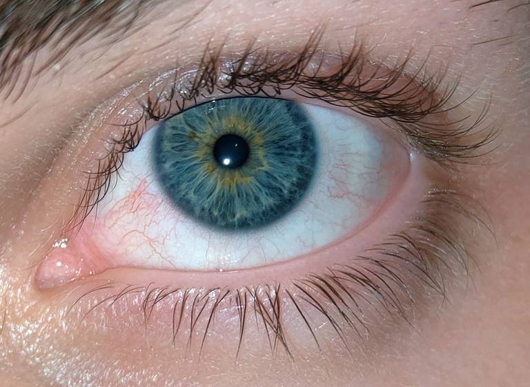 Œil bleu présentant une hétérochromie centrale : une couronne dorée entoure la pupille et un anneau limbique sombre borde l'iris.