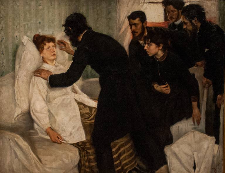 Séance hypnotique, tableau de Richard Bergh peint en 1887 : un hypnotiseur penché vers une patiente allongée, entourés de témoins.