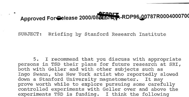Extrait d'un mémo déclassifié de la CIA du 24 janvier 1973 indiquant qu'Ingo Swann aurait ralenti un magnétomètre de l'université Stanford
