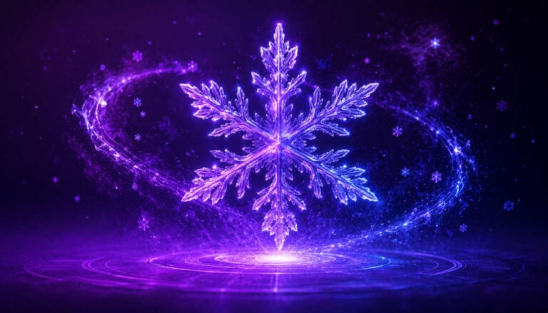 Flocon de glace lumineux en lévitation entouré d'une énergie violette et bleue, illustrant le concept de la cryokinésie et la maîtrise du froid par la pensée.
