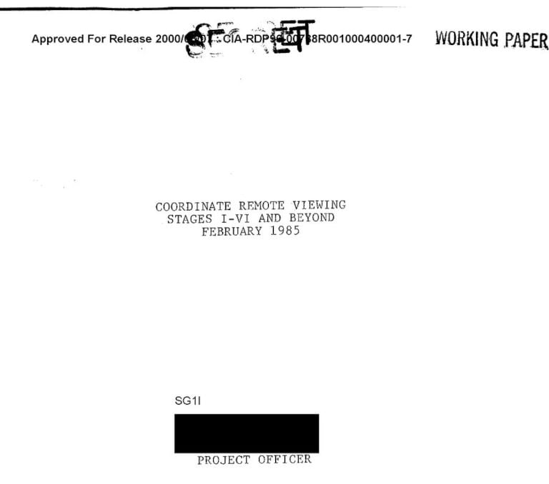 Première page du document de travail militaire de février 1985 intitulé Coordinate Remote Viewing Stages I-VI and Beyond, qui décrit les six étapes de la méthode d'Ingo Swann