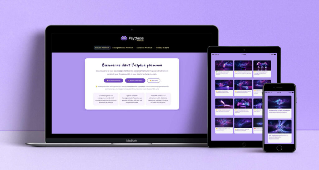 Aperçu de l'interface de l'espace membre premium, des enseignements et des exercices premium de la formation télékinésie sur ordinateur, tablette et mobile.