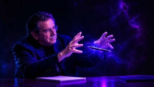 Un homme d'âge mûr à lunettes fait léviter un stylo au-dessus d'un carnet grâce à une énergie magique violette et bleue, sur un fond spatial étoilé. Il s'agit de Gérard Majax qui fait de la télékinésie.