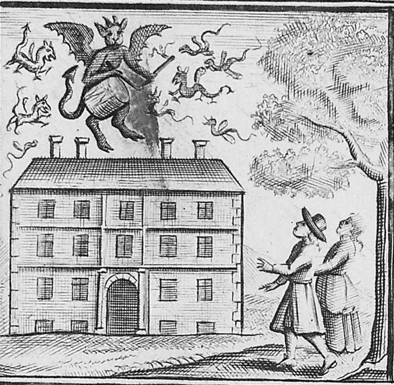 Gravure ancienne : un démon ailé battant du tambour au-dessus du toit d'une grande maison, sous le regard d'un homme et d'une femme