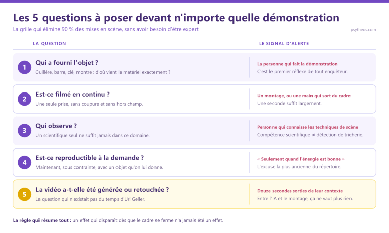 Grille de vérification en 5 questions pour évaluer une démonstration de pliage de métal : qui fournit l'objet, filmage continu, observateur formé, reproductibilité à la demande, retouche IA