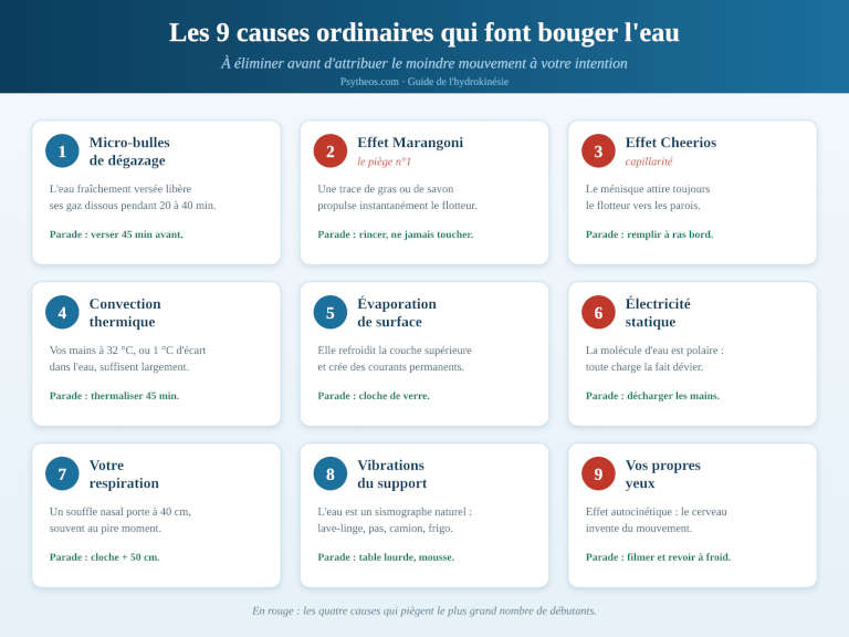 Infographie des 9 causes ordinaires qui font bouger l'eau et créent de faux positifs en hydrokinésie