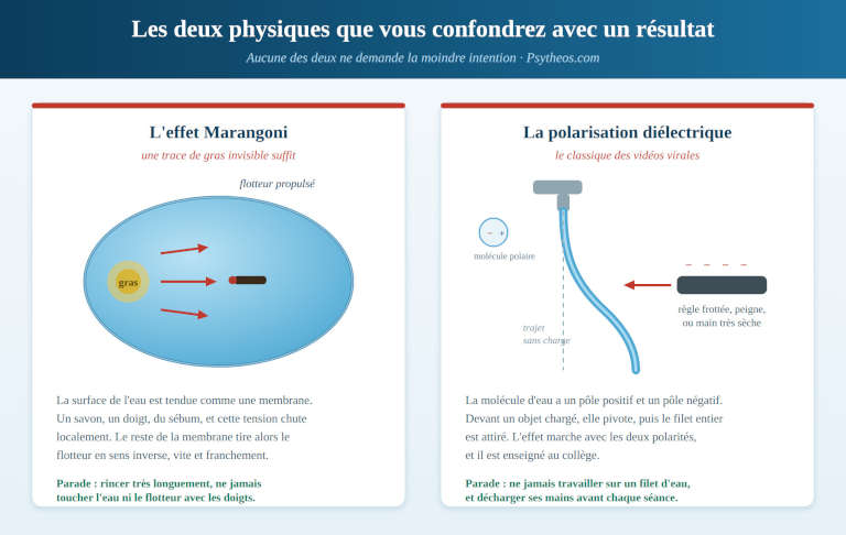 Schéma de l'effet Marangoni et de la polarisation diélectrique, deux faux positifs en hydrokinésie