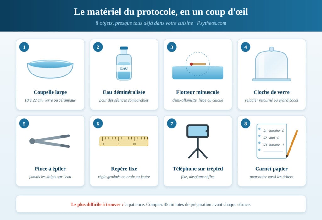Matériel pour tester l'hydrokinésie : coupelle d'eau, flotteur, cloche de verre, pince, règle, trépied et carnet