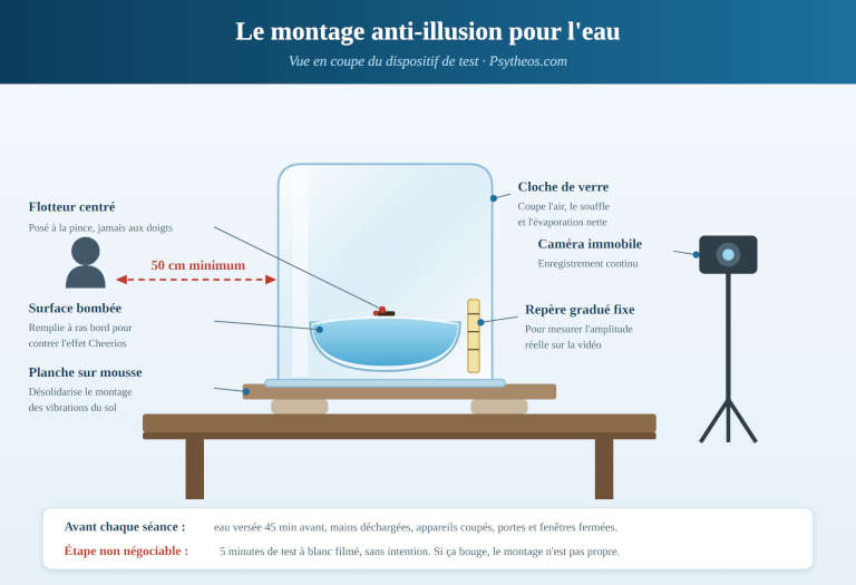 Schéma du montage anti-illusion pour pratiquer l'hydrokinésie : coupelle, flotteur, cloche de verre et repère fixe