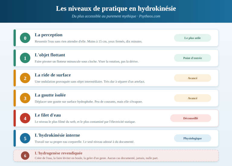 Infographie des niveaux de pratique en hydrokinésie, du ressenti à la revendication mythique