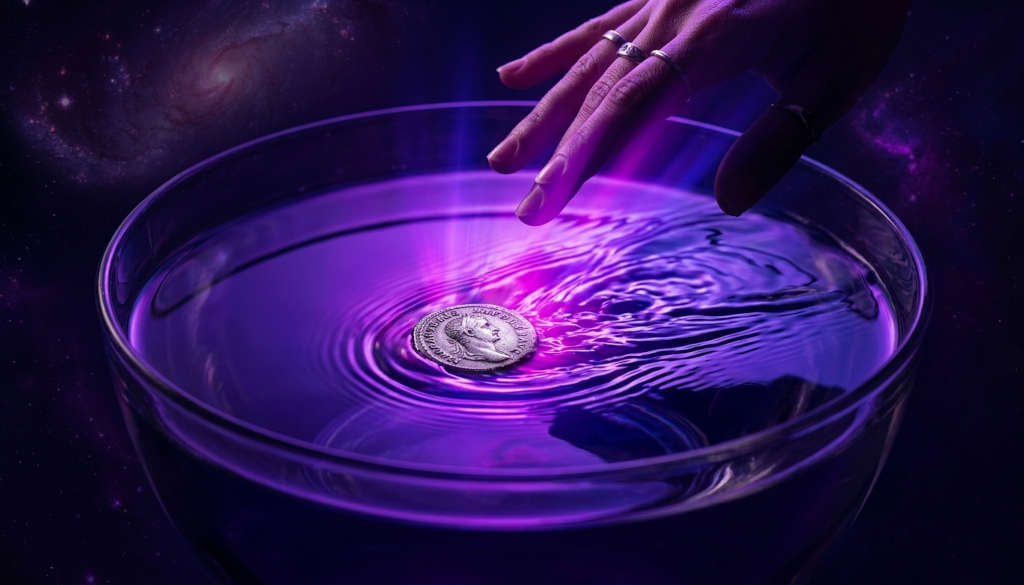 Démonstration d'hydrokinésie : une main fait mouvoir une pièce de monnaie à la surface de l'eau.