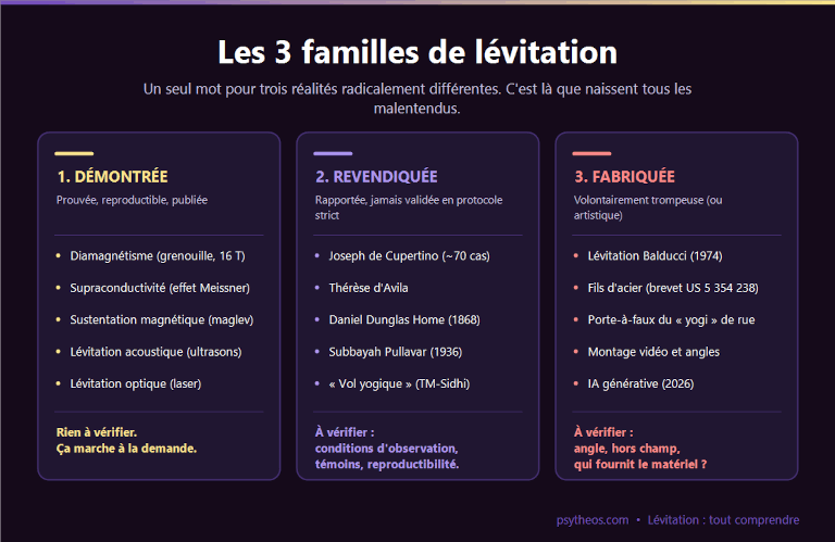 Infographie comparant les trois familles de lévitation : démontrée, revendiquée et fabriquée, avec leurs exemples respectifs