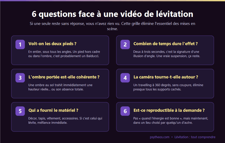 Infographie des 6 questions à se poser devant une vidéo de lévitation pour repérer une mise en scène