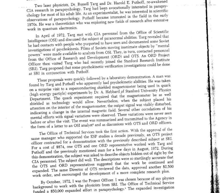 Page du bilan de Kenneth Kress publié en 1977 dans la revue interne de la CIA Studies in Intelligence, décrivant l'expérience du magnétomètre et les premiers contrats avec le SRI