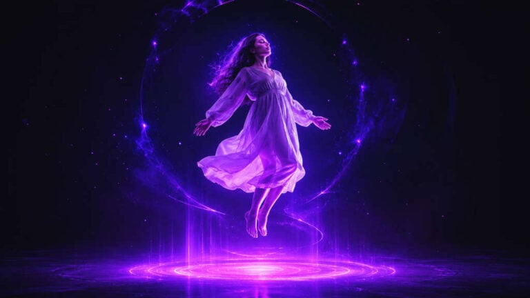 Une femme en robe blanche qui lévite dans les airs, les pieds ne touchant pas le sol.