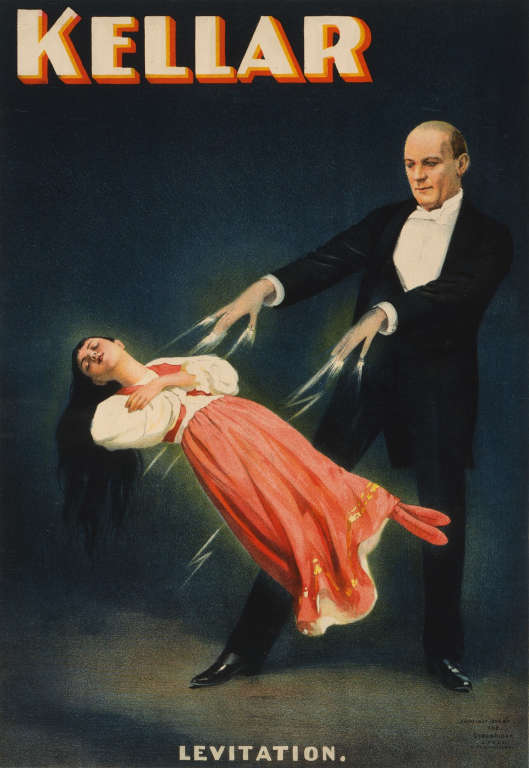 Affiche ancienne de l'illusionniste Harry Kellar présentant le numéro de la princesse Karnac suspendue dans les airs