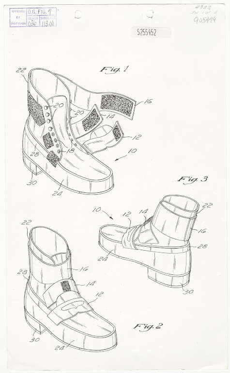 Planche du brevet américain 5 255 452 de Michael Jackson montrant la chaussure à fente et l'ergot de scène pour l'illusion antigravitationnelle