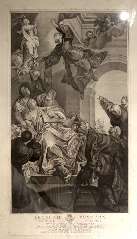 Gravure ancienne représentant la lévitation de Joseph de Cupertino, le frère volant