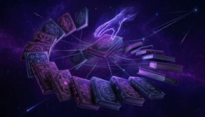 Une main fantomatique et lumineuse descend vers un grimoire central dans une spirale de vieux livres ésotériques et magiques ornés de symboles néons de pentacles et d'horlogerie, tous flottant dans un espace cosmique violet profond avec des lignes de constellation connectant les ouvrages.