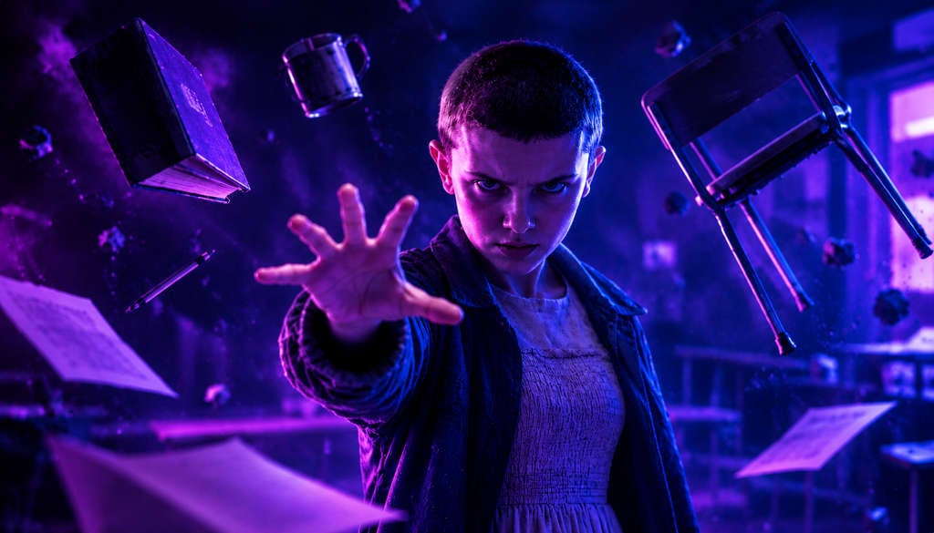 Onze de Stranger Things, le regard intense et la main tendue vers l'avant, utilise ses pouvoirs de télékinésie. Autour d'elle, des livres, des feuilles volantes, une tasse et une chaise lévitent dans une pièce éclairée par des néons violets et bleus.