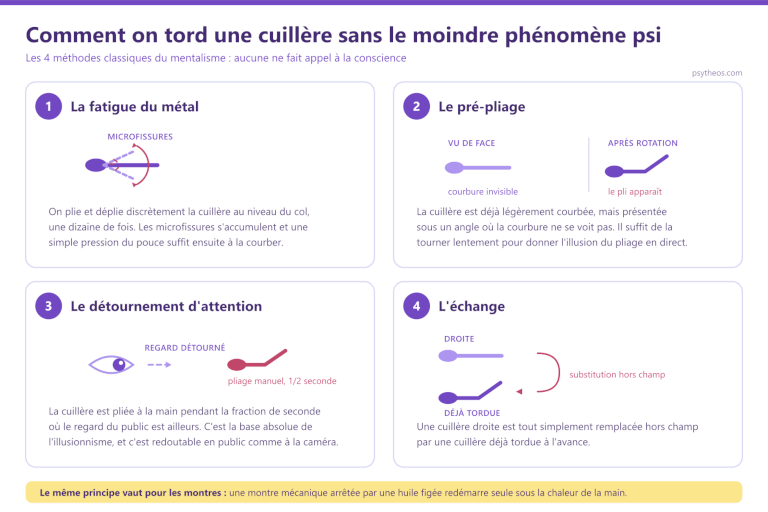 Les quatre techniques d'illusionnisme pour tordre une cuillère : fatigue du métal, pré-pliage, détournement d'attention et échange