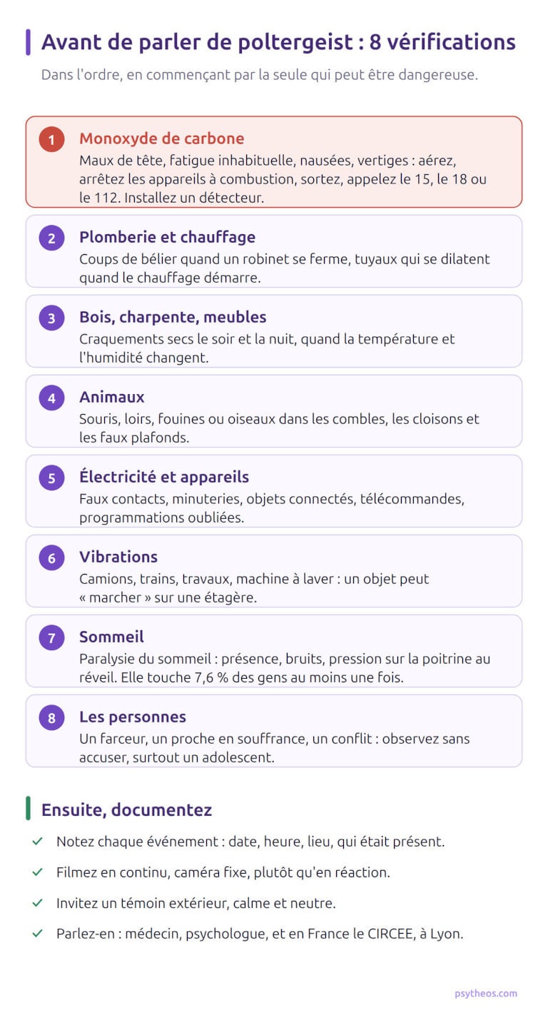 Liste illustrée de huit vérifications à faire chez soi avant de parler de poltergeist : monoxyde de carbone, plomberie, bois, animaux, électricité, vibrations, sommeil et personnes, puis quatre conseils pour documenter