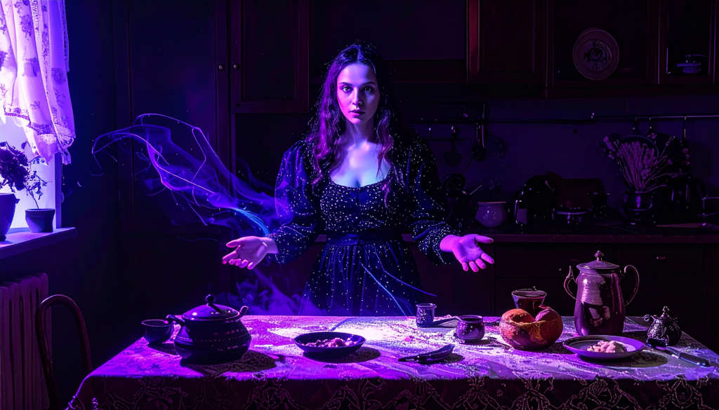 Illustration fictive représentant une femme fantôme (poltergeist) déplaçant les objets sur une table de cuisine grâce à la télékinésie.